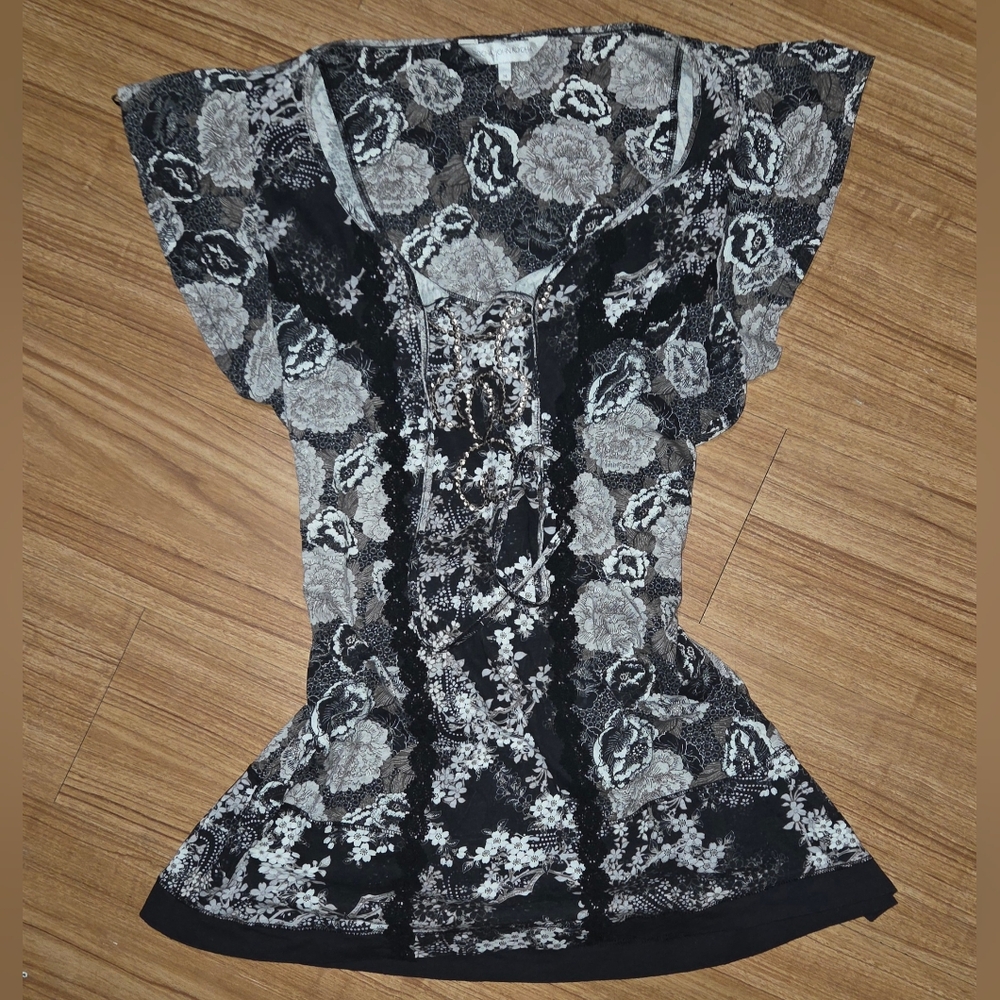 Womens Y2K Black/Gray/Silver Fairy Sequin Tie Back Blouse Size 14 (Fits M best)